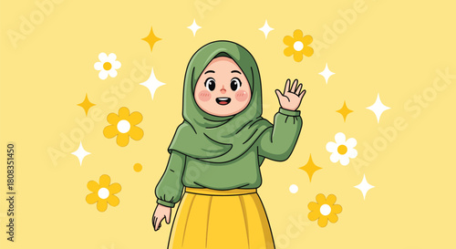 Cute Muslim Girl Waving Hand Adorably in Green Hijab.