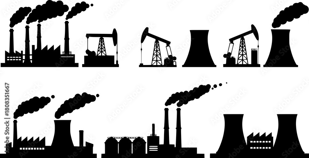 Naklejka premium Industrial Building Silhouette Icon Set for Construction Design. Factory and Warehouse Black Icons – Vector Silhouette Collection