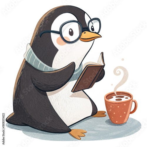 Adorable penguin scholar engrossed in a book with a steaming cup of cocoa, perfect for educational or cozy themes