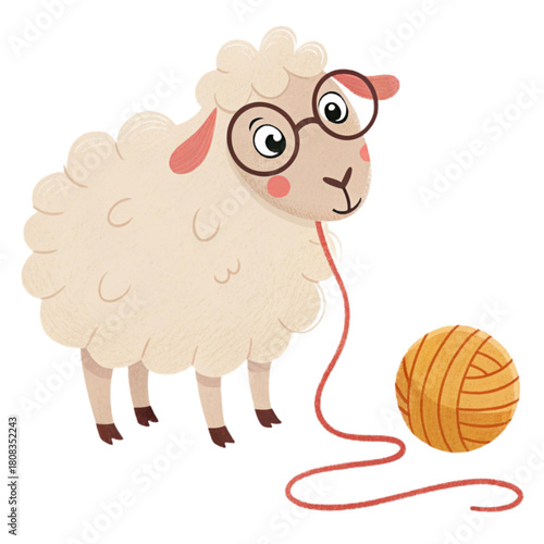 Charming cartoon sheep wearing glasses enthusiastically knitting with a ball of yarn, perfect for crafts and farm themes.