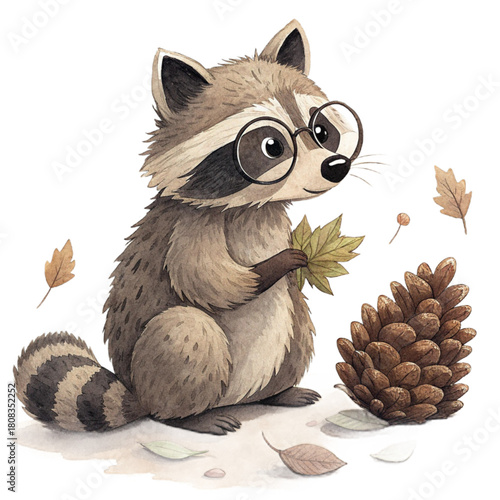 Charming watercolor raccoon with glasses holding autumn leaf near pinecone, adorable woodland creature for seasonal designs