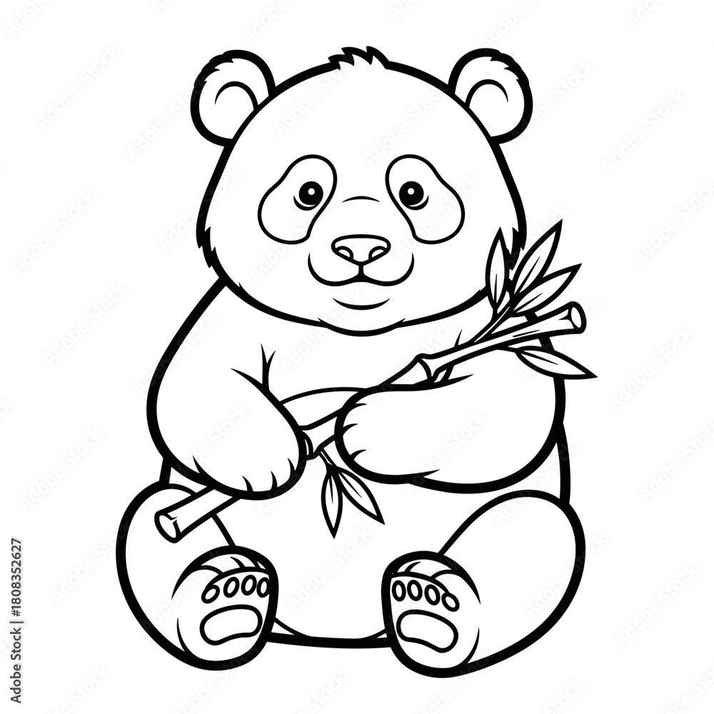Fototapeta premium A cute cartoon sitting panda bear holding bamboo, black and white outline vector drawing for coloring.