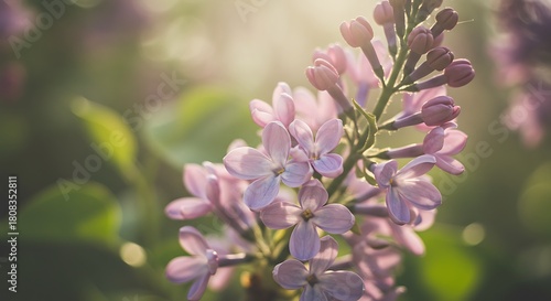 Close up of lilac flowers bathed in sunlight with soft focus background