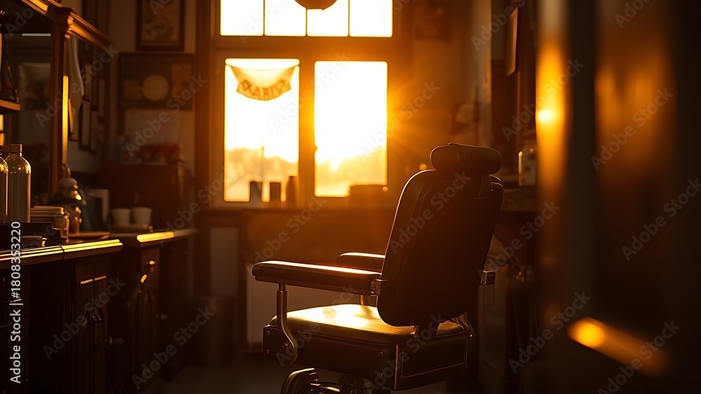 © xin - razor. Cozy barber shop interior featuring a vintage chair bathed in golden hour sunlight. lifestyle magazines, social media lookbooks, designed for lifestyle magazines and social media content.