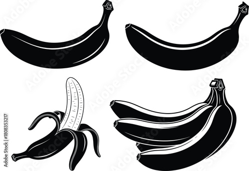 Black and white banana fruit illustration set, peeled banana and bunch vector design, tropical healthy food art for nutrition, freshness and organic concept