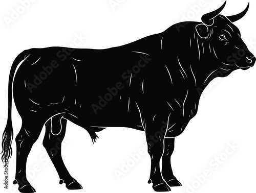 Black bull silhouette standing on white background, powerful horned animal vector illustration, farm livestock design, strong wild ox concept, strength and nature symbol