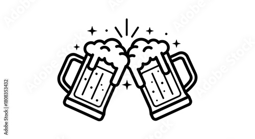 Two frothy beer mugs clinking together in celebration