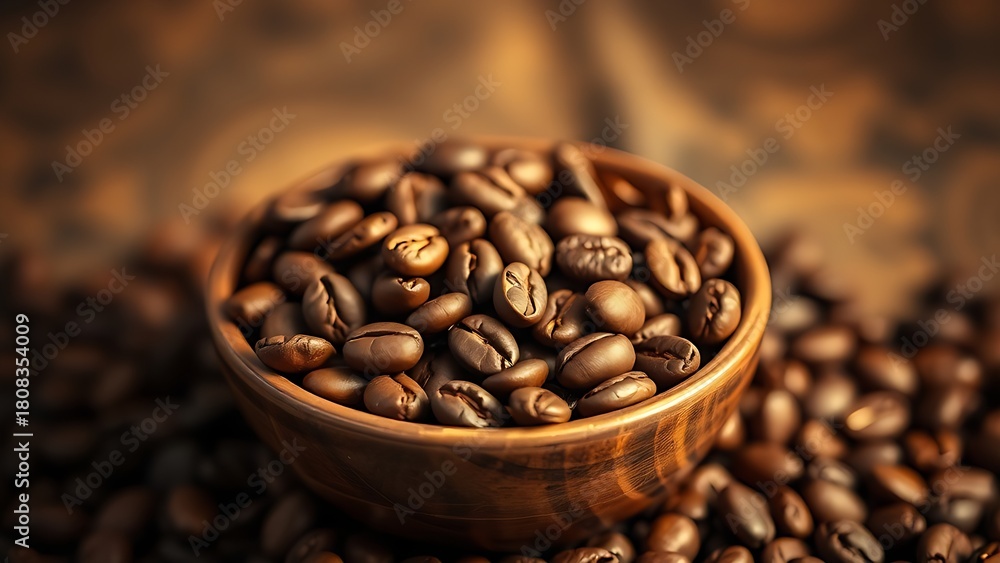 Fototapeta premium robusta. Freshly roasted coffee beans in a bowl, evoking warmth and rich aroma in a rustic setting. bar promotions, beverage menus, designed for product packaging and bar promotions.