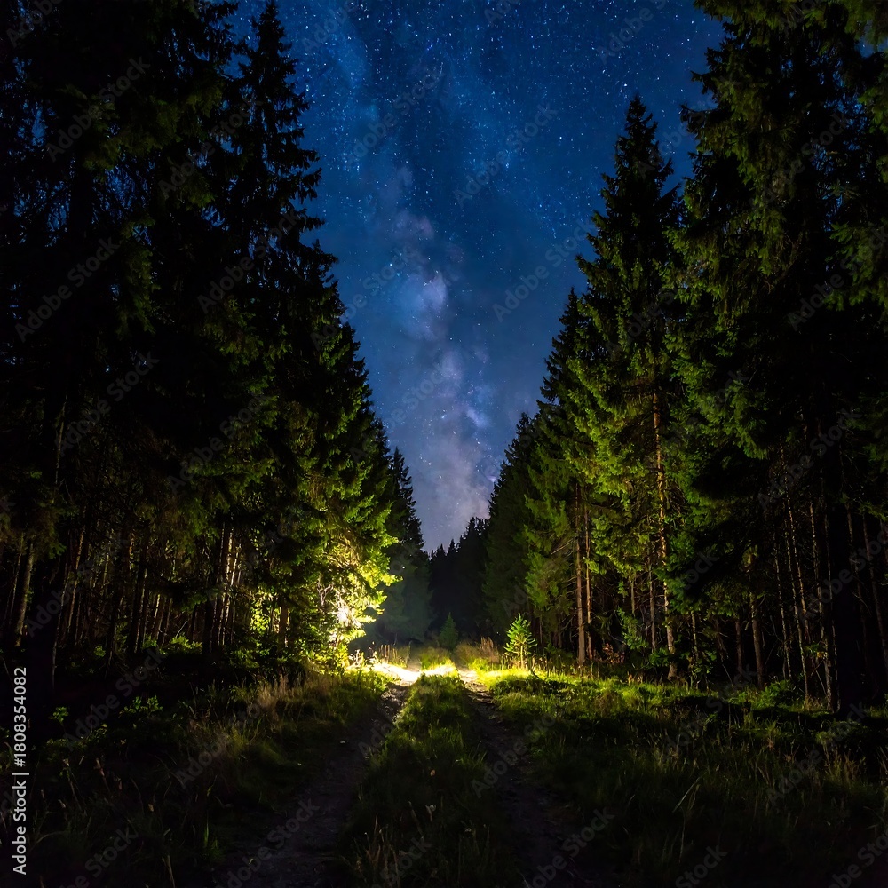 Fototapeta premium Forest path beneath starlit night, trees form a natural frame