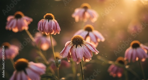 Close up of pink cone flowers in sunlight nature photography copy space