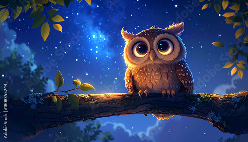Whimsical Owl Under Starry Night Sky
