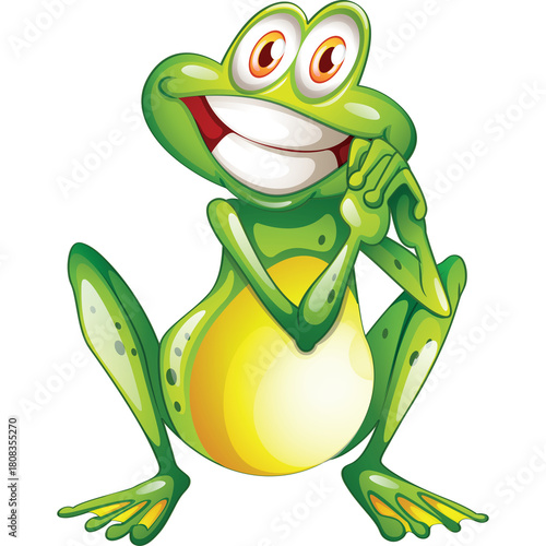Smiling Green Frog Character With Big Yellow Belly And Orange Eyes Sitting And Resting Chin On Hand In A Playful Pose With A White Background