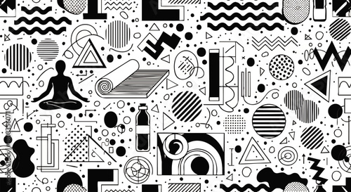 A black and white illustration depicting a person meditating amidst geometric shapes and objects.