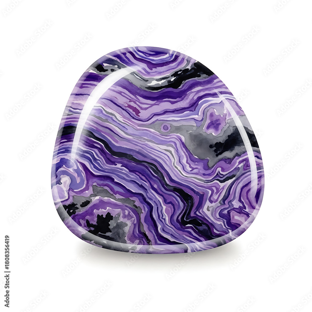 Obraz premium Watercolor Charoite Stone Clipart with Swirling Purple Patterns on White Background, High-Quality Illustration