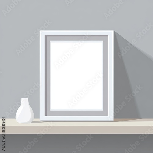 A white framed artwork with a smaller frame inside sitting on a light-colored shelf