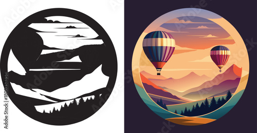 Vibrant hot air balloons drift serenely over majestic mountain landscapes at sunset, evoking wonder and adventure.