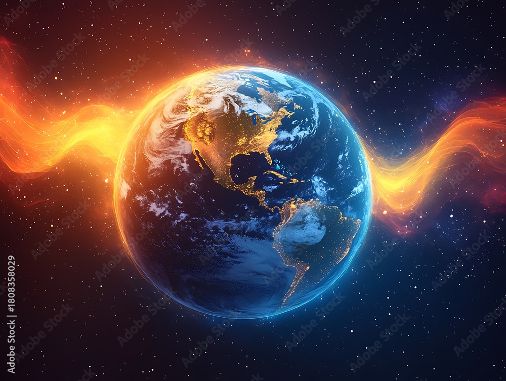 Naklejka premium Earth in space with glowing orange energy waves and starry background planet galaxy