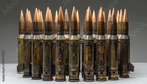 A close-up shot of a row of ammunition cartridges. The cartridges are cylindrical with pointed tips, showcasing the instruments of conflict