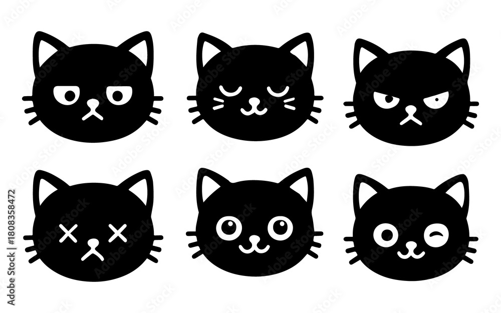 Fototapeta premium Black Cat Expressions Icon Set png