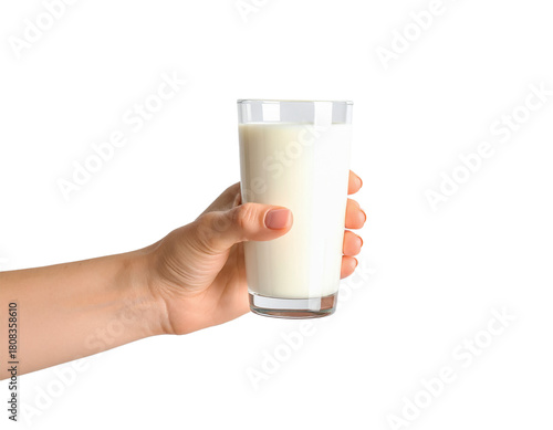 Hand holding glass of milk dairy product calcium healthy drink on transparent background