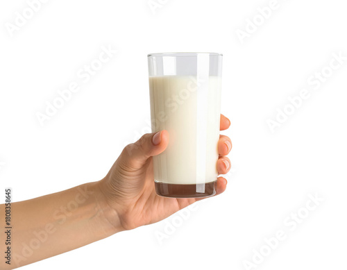 Hand holding glass of fresh milk dairy drink healthy beverage shot on transparent background