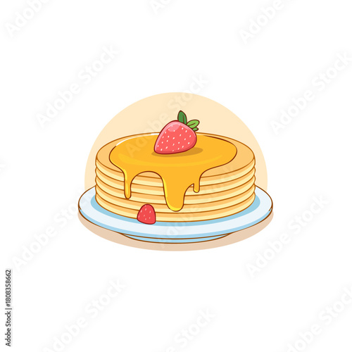 Stack of Pancakes with Syrup and Strawberries Illustration.
