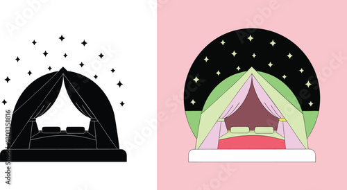 Dreamy canopy bed scene under a starry night sky evokes comfort, romance, and peaceful slumber for ultimate relaxation.