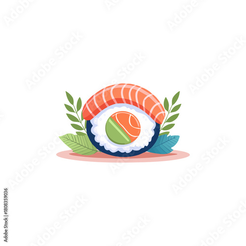 Sushi Roll with Salmon Topping and Leafy Green Garnish.