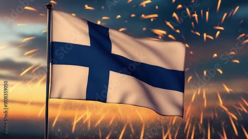 Finnish flag waving in front of fireworks display 1.