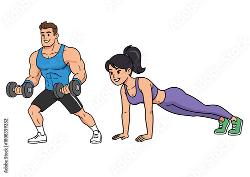 Workout Man and Woman Doing Fitness Exercises