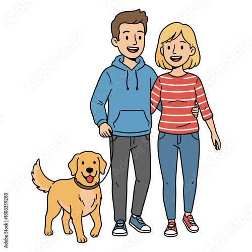 Happy family cartoon illustration of father, son, and dog together