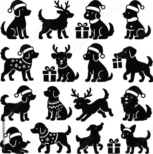 Christmas Dog Silhouettes - Festive Breeds in Santa Hats, Reindeer Antlers, and Holiday Outfits - Vector Clipart for Dog Lovers
