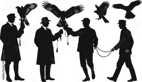 Falconry silhouette vector illustration, men training hunting birds with falcons and hawks, vintage falconer design, wildlife sport concept, bird training artwork, hunting culture
