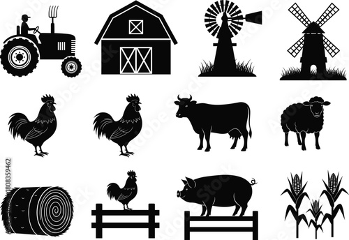 Farm animals and agriculture equipment silhouettes, tractor barn cow pig rooster sheep windmill corn hay vector icons for rural farming design