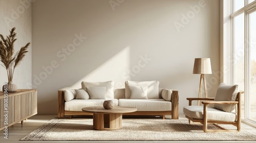 Modern minimalist living room with wooden furniture, neutral decor, and natural sunlight, ideal for interior design presentations, home decor marketing, and lifestyle visuals