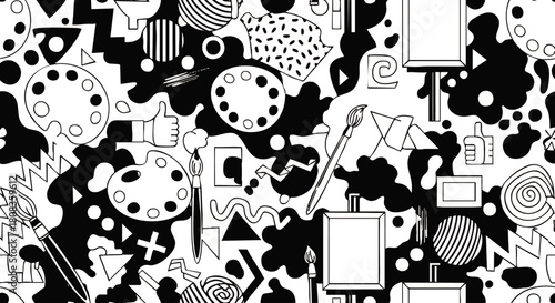 An abstract black and white illustration featuring art supplies like paint palettes, brushes, and frames, interspersed with geometric shapes and patterns.