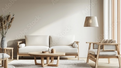Modern minimalist living room with wooden furniture, woven accents, soft neutral tones, and natural sunlight, ideal for interior design presentations, home decor marketing, and lifestyle visuals