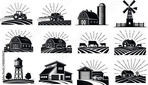 Farm buildings and tractor vector set, barn windmill silo cow field and farmhouse silhouettes illustration for agriculture, countryside, rural landscape, and farming design themes