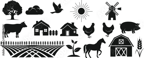 Farm animals and village landscape vector illustration with barn, windmill, trees, plants, and sun, countryside agriculture scene showing farming life and nature design