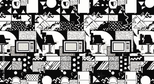 A repeating black and white pattern featuring stylized household objects and geometric shapes.