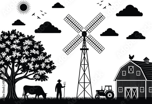 Farm landscape vector illustration with barn, windmill, tractor, farmer, cow, and tree, rural countryside agriculture scene silhouette representing nature, village, and farming life