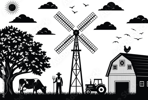 Farm landscape vector illustration with barn, windmill, tractor, farmer, and cow, rural agriculture scene silhouette representing countryside lifestyle, farming, and nature concept