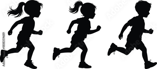 Running Children Kids Silhouette Vector Set Race Activity