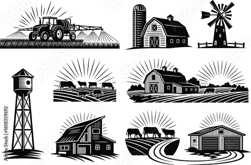 Farm tractor barn windmill and countryside landscape vector illustration, agriculture and rural scene with cows, farmhouse, silo, sunrise, and farming design icons