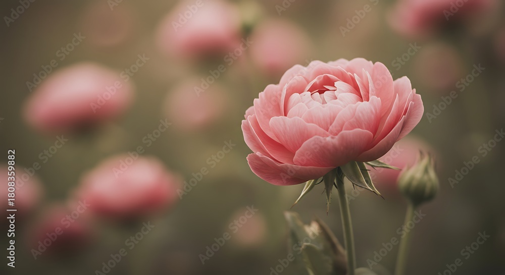 Fototapeta premium Close up of pink rose flower with blurred background of similar blooms