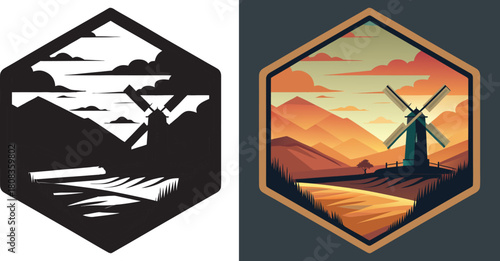 Stunning sunset illuminates rolling hills and a lone windmill in a vibrant, stylized landscape, evoking tranquility and rustic charm.