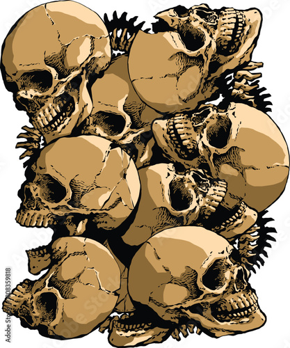 Vintage Engraved Stack of Human Skulls in Sepia Tone Vector Illustration