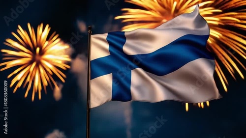 Finland flag waving with fireworks display 5.