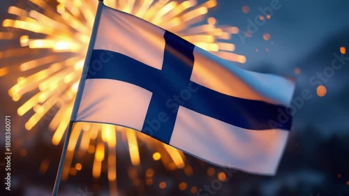 Finnish flag waving during a fireworks display 1.