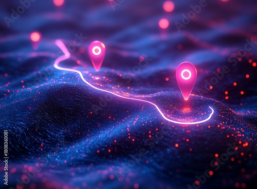 Glowing pink map pins on a digital terrain with neon blue and orange lights location marker